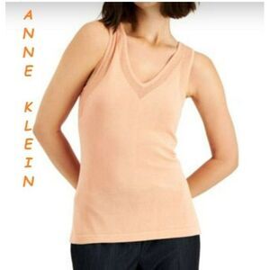 ANNE Klein Women's Mesh V-Neck Tank Top - Warm Sand, SZ L, NWT